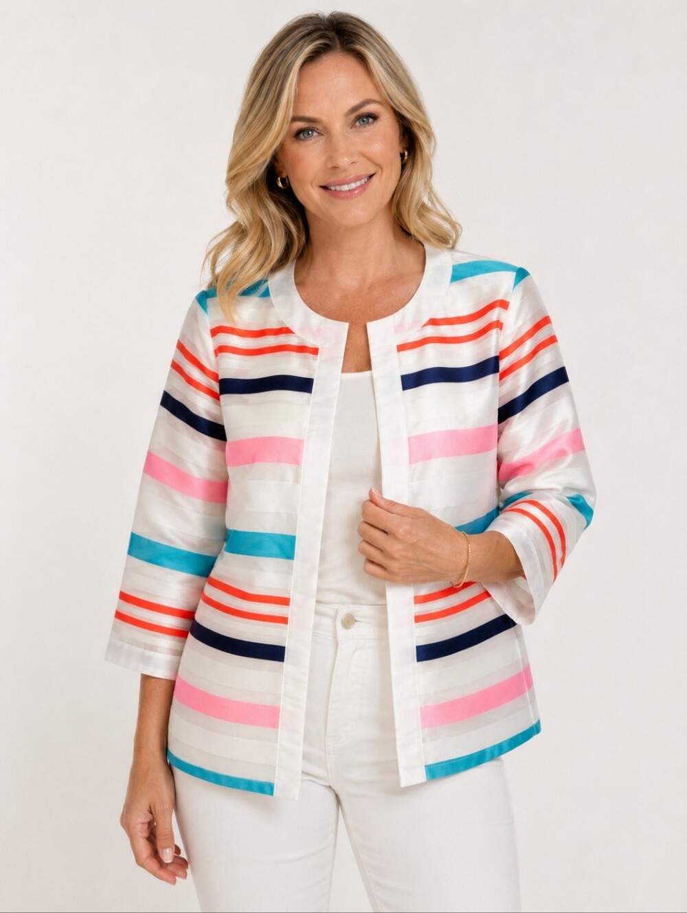 Grace Chuang Colorful Striped Open Front Sheer Jacket/Blazer. Large.